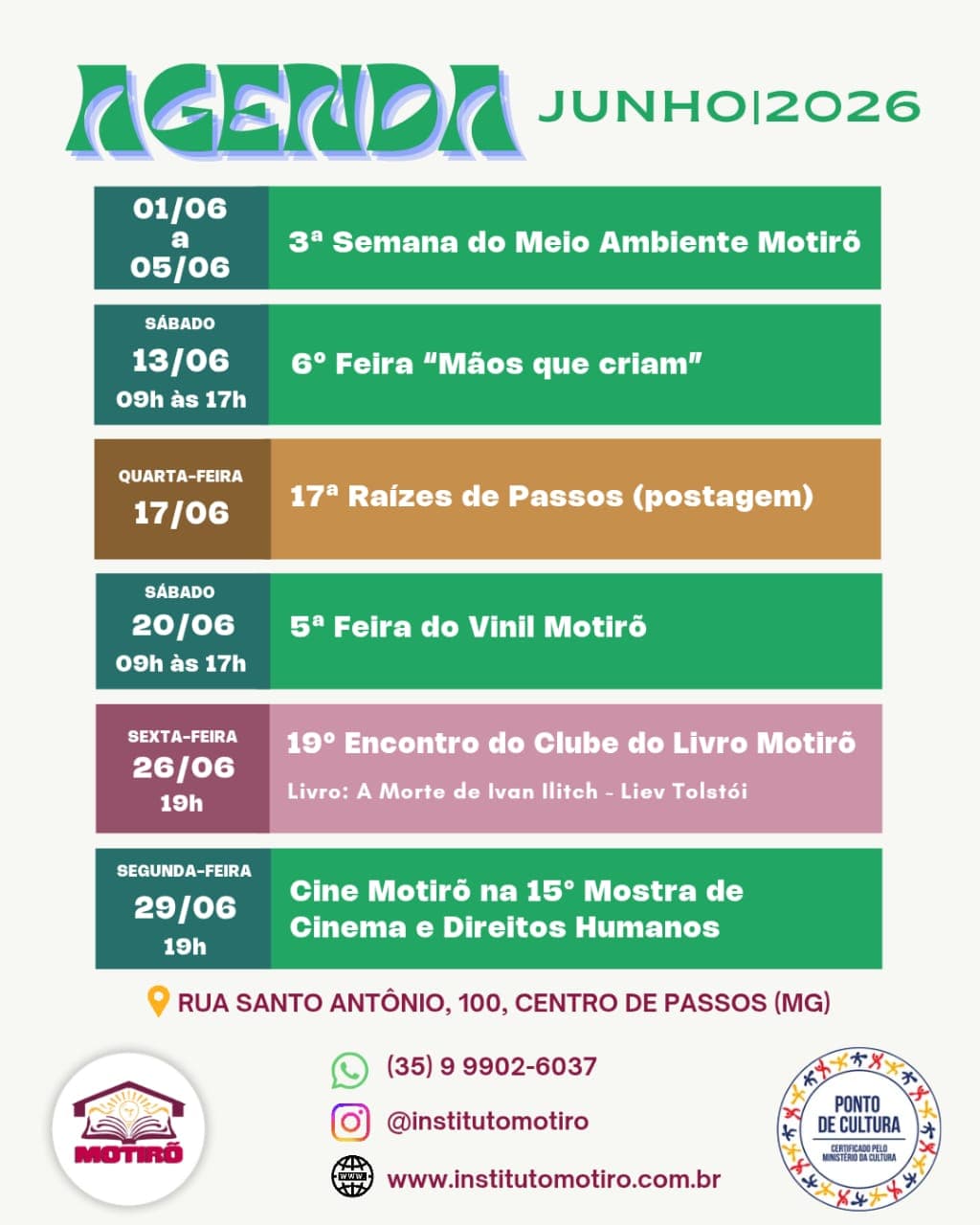 Cartaz da Agenda Cultural de Junho do Instituto Motirõ